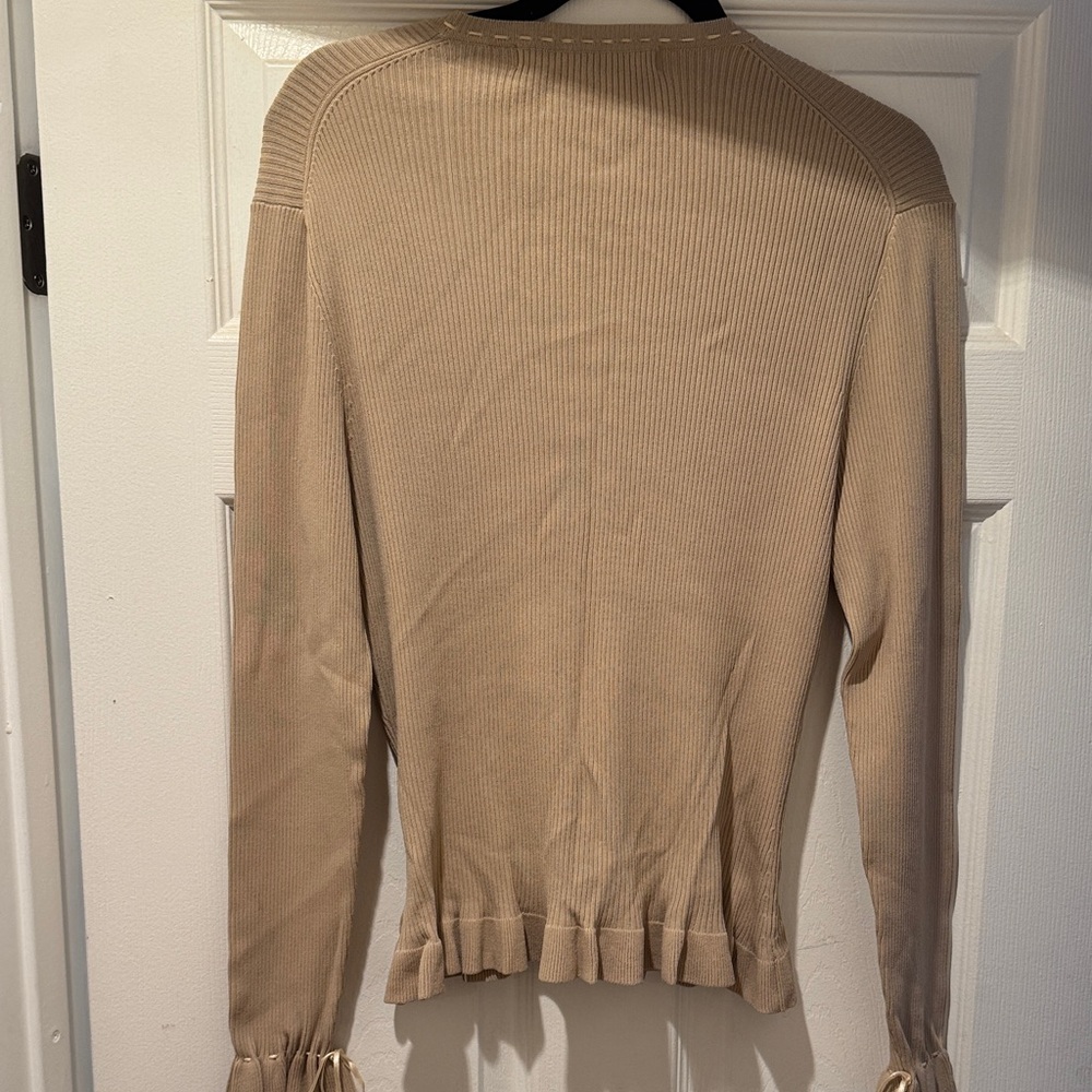 Max Studio Tan Ribbed V-Neck Cardigan with Ruffle Hem - Picture 6 of 8